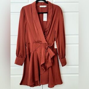 Floret Studios Ruffle Silky Satin Long Sleeve Mini Dress in Rust Size: L